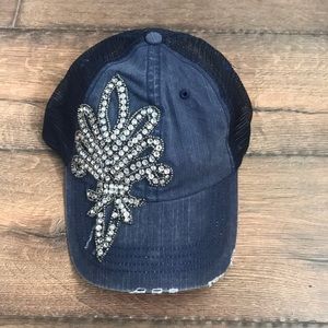 🍬Blue Jean Distressed Bling Trucker Ball Cap Hat